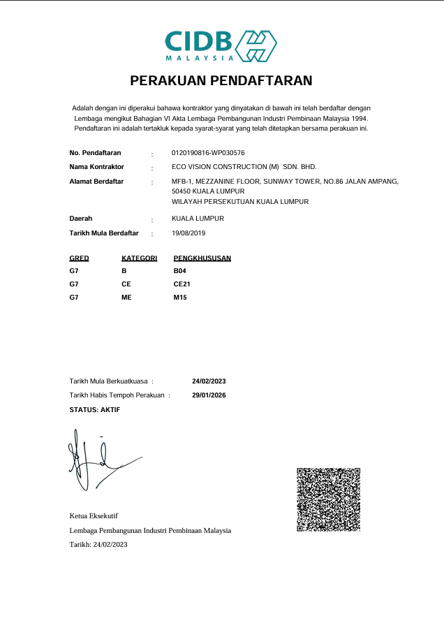 CIDB registration certificate for Eco Vision Construction (M) Sdn. Bhd.
