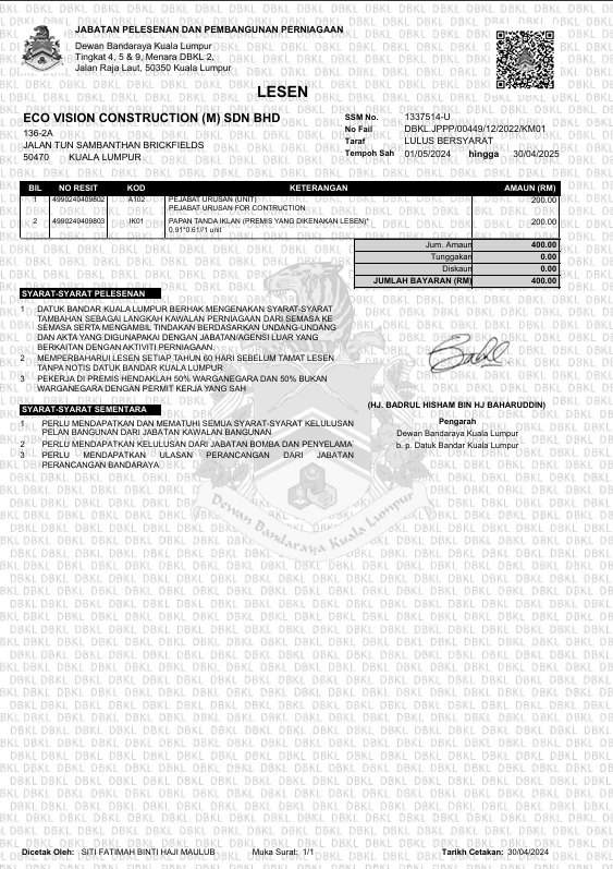DBKL licence document for Eco Vision Construction (M) Sdn. Bhd.