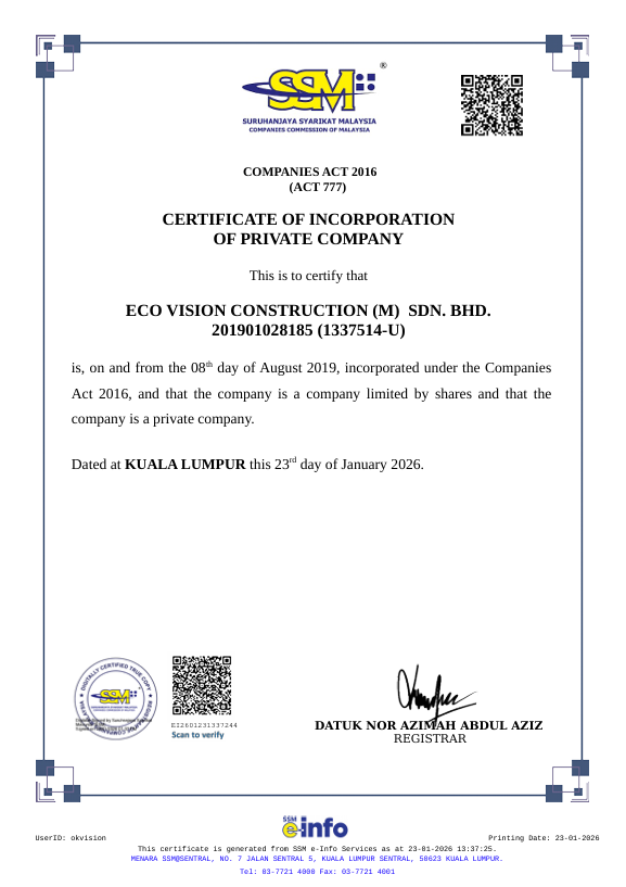 SSM Certificate of Incorporation for Eco Vision Construction (M) Sdn. Bhd.